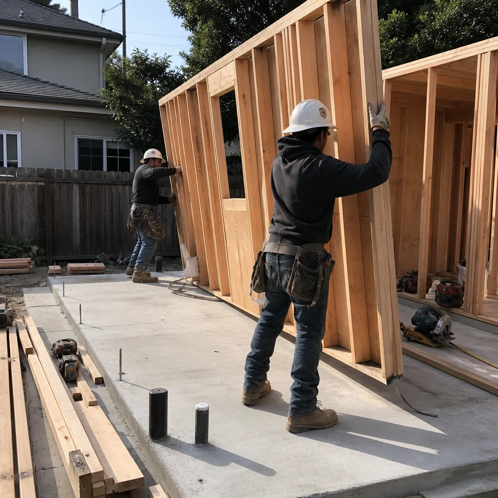 Professional construction workers assembling wood framing for a backyard accessory dwelling unit.