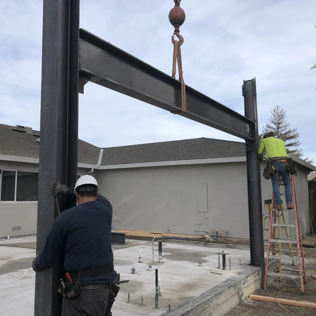 construction workers installing steel beam frame for ADU project