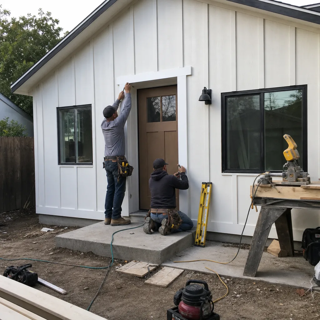 Two construction workers installing trim on a modern ADU exterior