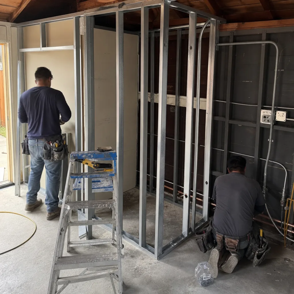 Contractors framing a garage conversion project with metal studs
