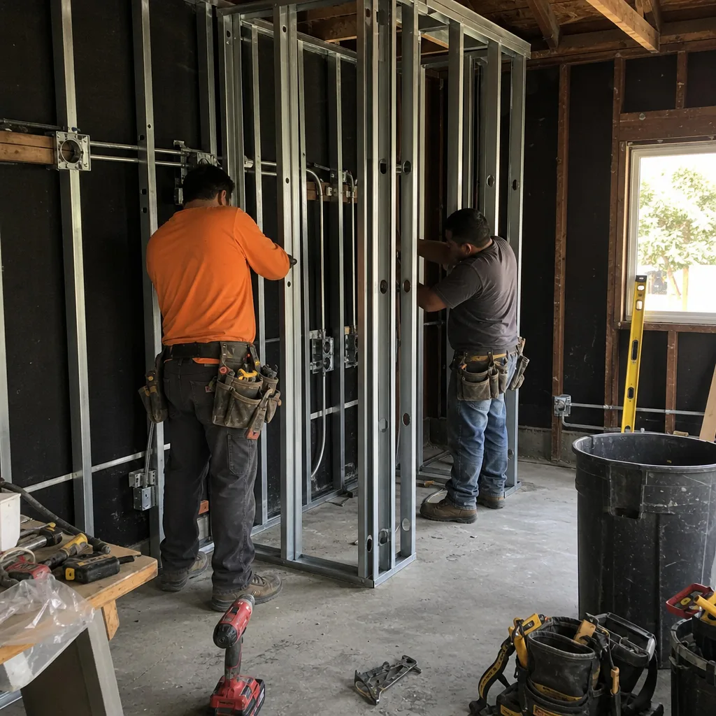 Two contractors installing electrical wiring in a professional garage conversion project