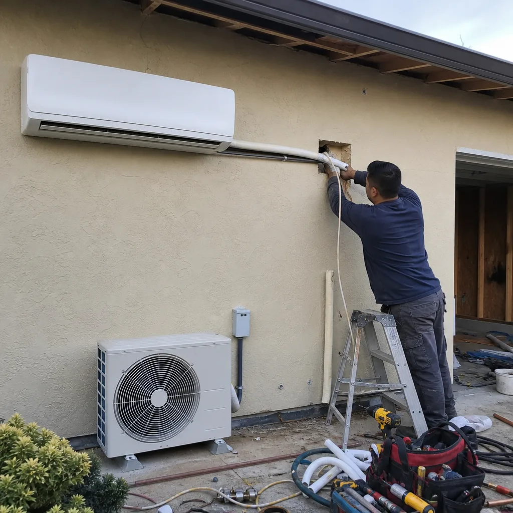 Technician installing mini-split HVAC system for a garage conversion project