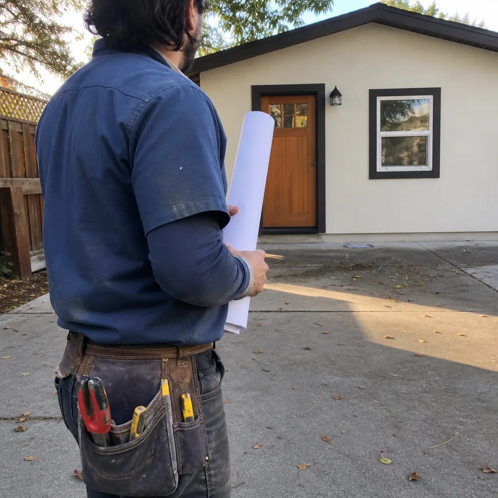 Contractor holding house blueprints in front of a residential room addition