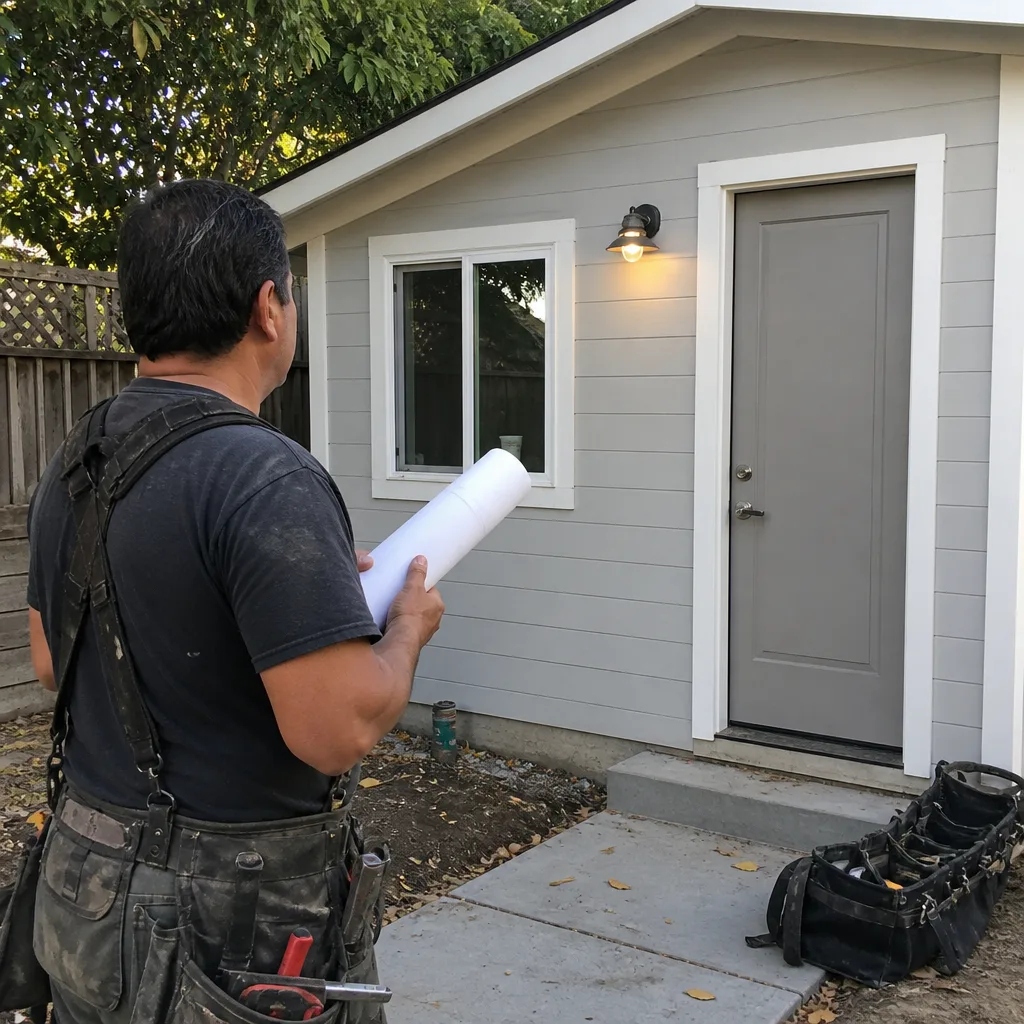 Contractor reviewing blueprints in front of a modern backyard ADU addition