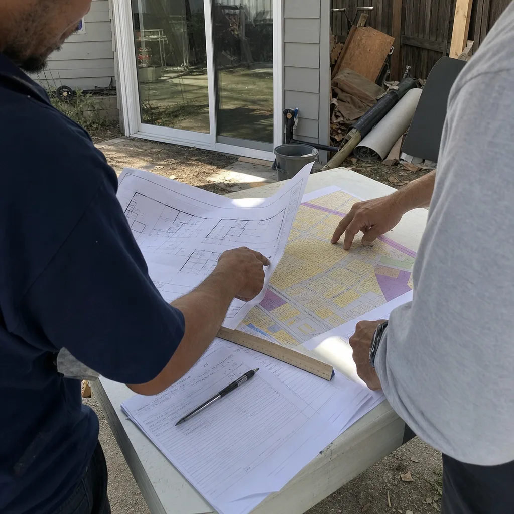 Contractors reviewing building blueprints and site plans for a room addition
