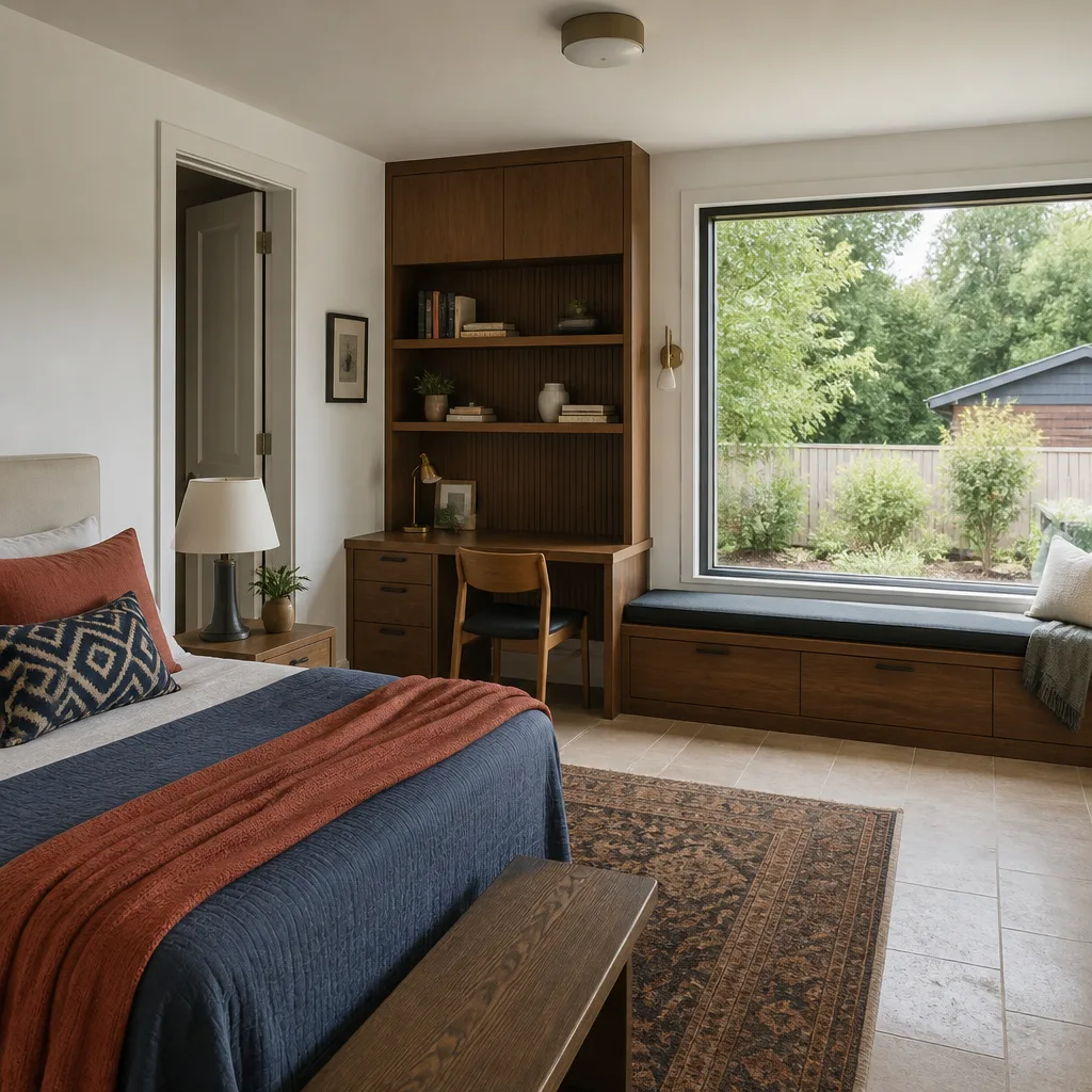 A bedroom and desk inside a converted garage